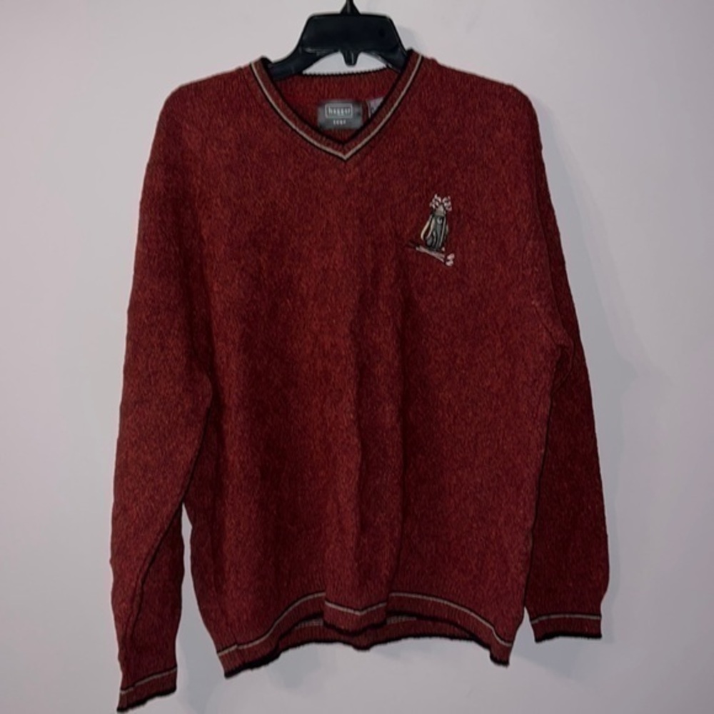 Vintage Red with black golf detailed stitch knitted vneck sweater XL haggar tour